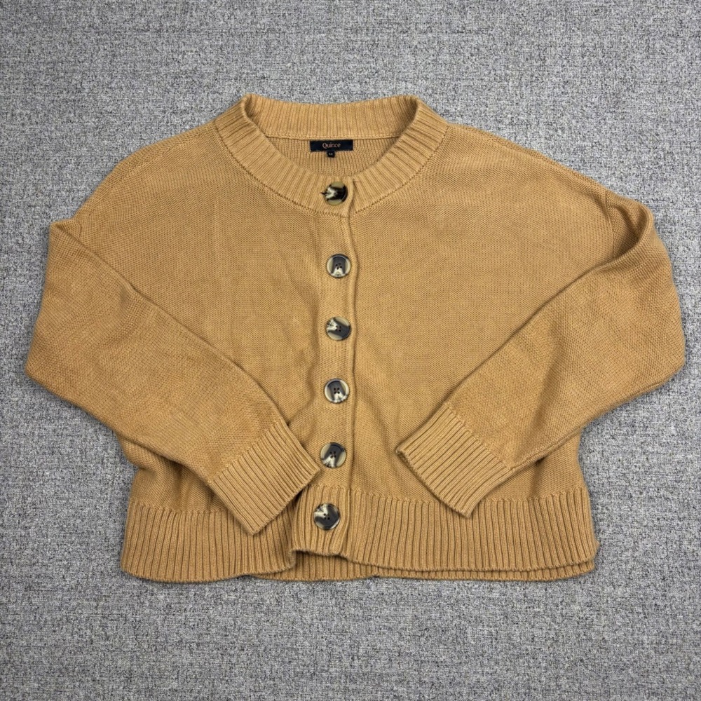 Quince Cardigan Womens M Cotton Boxy Crewneck Camel Tan Button Front Sweater